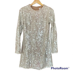 Dress the Population Sequin Lace Overlay Dress Long Sleeve Cream Size Small FLAW